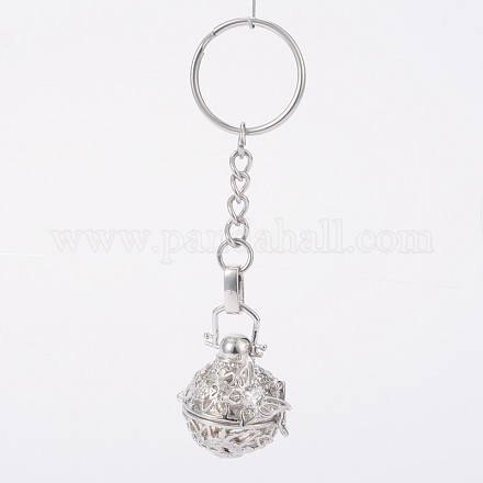 Platinum Plated Brass Hollow Round Cage Chime Ball Keychain KEYC-J073-H02-1