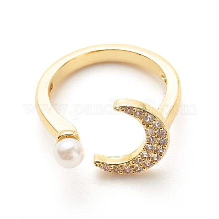 Clear Cubic Zirconia Moon Open Cuff Ring with Imitation Pearl for Women RJEW-A003-01G-1