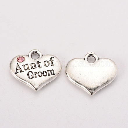 Antique Silver Tone Tibetan Style Heart with Aunt of Groom Rhinestone Charms TIBEP-N005-01D-1