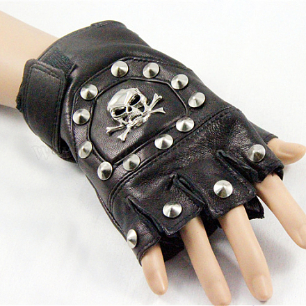 Crâne punk en cuir et rivets gant AJEW-O016-04-1