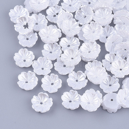 樹脂模造パールビーズキャップ  5花びら  花  ホワイト  8x8x2.5mm  穴：1mm RESI-T040-008A-1