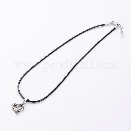 Antique Silver Alloy Heart Waxed Cord Pendant Necklaces NJEW-O087-06-1