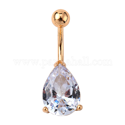 Real 18K Gold Plated Teardrop Brass Cubic Zirconia Navel Ring Navel Ring Belly Rings AJEW-EE0001-13B-1