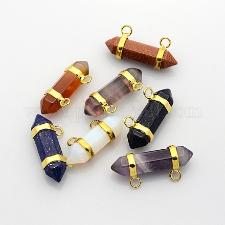 Natural/Synthetic Gemstone Point Hexagon Pendants with Golden Plated Brass Findings G-P053-G28-1