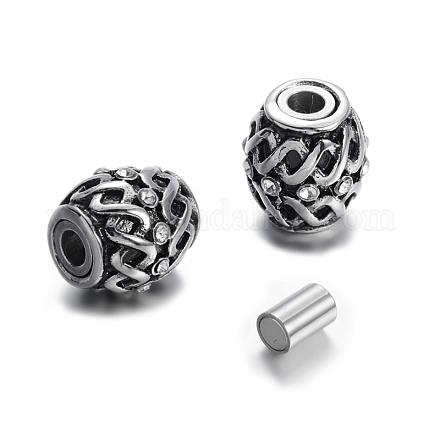 Retro Carve 304 Stainless Steel Rhinestone Barrel Magnetic Clasps STAS-E108-02AS-1