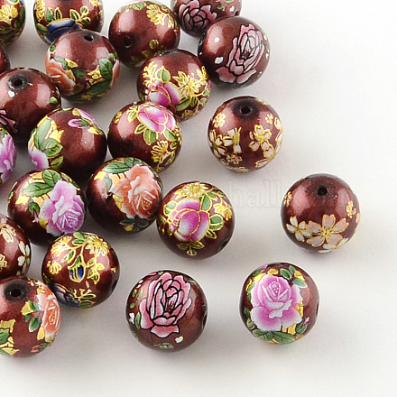 Perles rondes imprimées de motif de fleur rose en verre GFB-R005-12mm-D-1