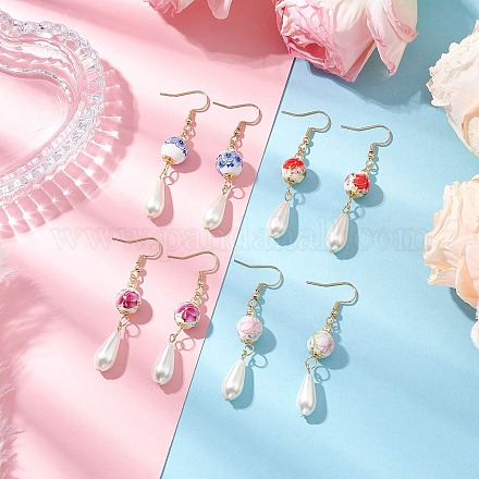 Круглые с цветочным узором фарфоровые керамические серьги-подвески EJEW-JE06347-1