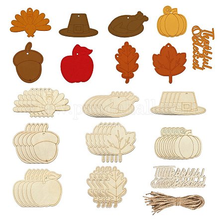 感謝祭のテーマの未完成の木の切り抜き  装飾的な木製ペンダントの装飾  七面鳥/かぼちゃ/どんぐり  小麦  木：4.2~7.95x4.5~8.45x0.2cm  穴：3~3.5mm  27pc WOOD-CJC0009-03-1