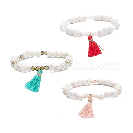 3Pcs 3 Color Natural Lava Rock & Cubic Zirconia Beaded Stretch Bracelets Set with and Tassel Charm BJEW-JB07599-1