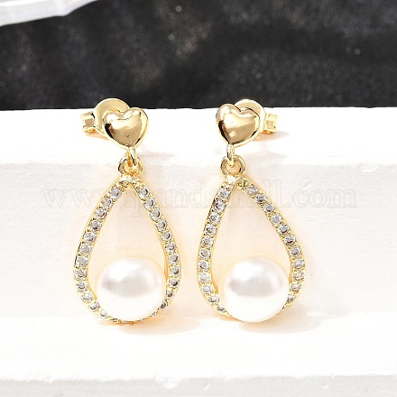 Серьги-гвоздики в форме капли с круглыми латунными микропаве из прозрачных кубических цирконий EJEW-A135-19G-1