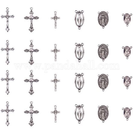 PandaHall 30 Pcs Tibetan Style Rosary Cross and Center Miraculous Medal with Alloy Crucifix Cross Pendants and Oval Chandelier Links 3 Styles for Rosary Holy Beads Necklace Making Antique Silver TIBE-PH0004-16AS-1