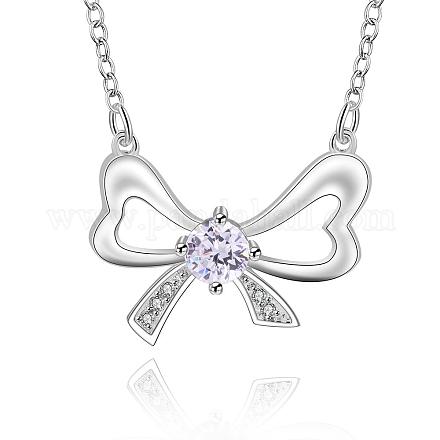 Silver Color Plated Brass Cubic Zirconia Bowknot Pendant Necklaces NJEW-BB09803-A-1