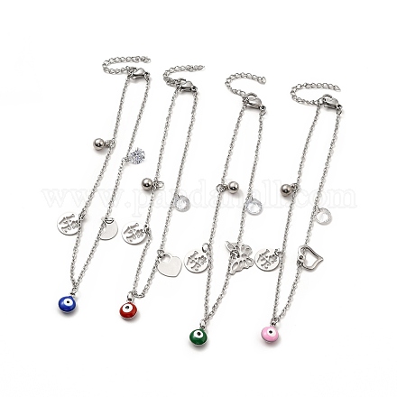 Enamel Evil Eye & Cubic Zirconia & 304 Stainless Steel Charm Anklet with Cable Chains AJEW-C021-09P-1