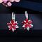 Brass Cubic Zirconia Hoop Earrings, Flower, Platinum, Red, 24x12mm