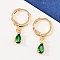 Brass Micro Pave Cubic Zirconia Teardrop Hoop Earrings, Real 18K Gold Plated, Green, 22x5mm