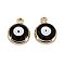 Brass Enamel Charms, with Jump Ring, Real 18K Gold Plated, Long-Lasting Plated, Lead Free & Nickel Free & Cadmium Free, Flat Round with Evil Eye, Black, 13x10x2.5mm, Hole: 1.2mm