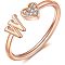 Adjustable Brass Rhinestone Cuff Rings, Letter & Heart, Rose Gold, Letter W, Inner Diameter: 15~20mm
