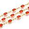 Brass Oval Link Chains, with Glass, Soldered, with Spool, Long-Lasting Plated, Golden, Orange Red, 13.5x5x2~2.5mm, about 32.81 Feet(10m)/Roll