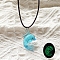 Luminous Glow in the Dark Glass Dolphin Pendant Necklaces, Black Cord Necklaces, Light Sky Blue, 17.72 inch(45cm)