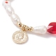 Bracciale elasticizzato da donna con perle naturali e perline di vetro millefiori con ciondolo a forma di cuore e moneta BJEW-TA00060-4