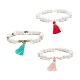 Braccialetti elastici con perline in pietra lavica naturale a 3 colori e zirconi cubici con charm con nappa BJEW-JB07599-1