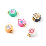 Polymer Clay Pendants, with Brass Findings, Flat Round with Flower Pattern, Golden, Mixed Color, 15x10x5mm, Hole: 1.8mm