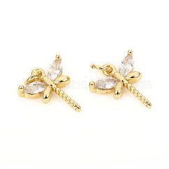 Adornos de latón micropavé de circonia cúbica, con anillos de salto, sin plomo y cadmio, libélula, Claro, dorado, 11.8x10.5x2.5mm, anillos del salto: 4x0.8 mm, 2.5 mm de diámetro interior