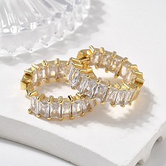 Latón micro pavimenta circonio cúbico pendientes de aro huggie, Plateado de larga duración, anillo, Claro, real 18k chapado en oro, 22x6mm, pin: 0.9 mm