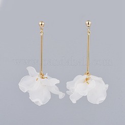 花びら透明アクリルダングルスタッドピアス  厚紙箱付き  真鍮とプラスチック製のピアスキャッチ  18KGP本金メッキ  ホワイト  55~56mm  ピン：0.8mm&nbsp;EJEW-JE03311-03
