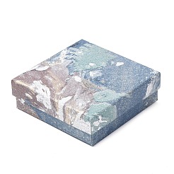花柄の油絵プリントが施された正方形の厚紙製ジュエリーボックス  内部のスポンジ  イヤリング、指輪、ネックレス、ブレスレットのギフト包装  スチールブルー  9x9x3cm&nbsp;CBOX-A010-01B-04