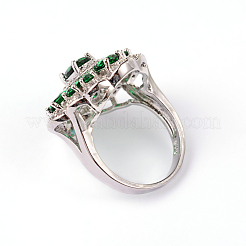 フラワープラチナメッキ真鍮製キュービックジルコニア結婚指輪リング  濃い緑  19mm&nbsp;RJEW-E016-09-19mm