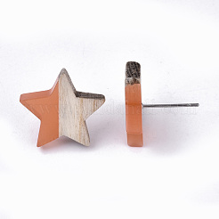 透明樹脂＆ウッドスタッドピアス  304ステンレスピン付き  スター  サンゴ  17x18mm  ピン：0.7mm&nbsp;EJEW-N017-001A-D04