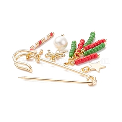 Broche épingle à nourrice en alliage avec breloques de canne en bonbon de noël et étoile et nœud papillon&nbsp;JEWB-TA00002