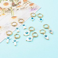 304ステンレススチール製ハギーフープピアス  ナチュラルシェルビーズ付き  ナザールボンジュウと混合した形  ドジャーブルー  ゴールドカラー  29~43mm  ピン：1mm&nbsp;EJEW-JE04533