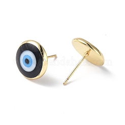エナメル イービルアイ スタッドピアス  女性のための18KGP本金メッキ真鍮ジュエリー  ブラック  12mm  ピン：0.8mm&nbsp;EJEW-G334-01G-03