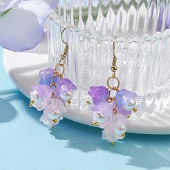 ガラスの花のダングルのイヤリング  304ステンレススチールピン付きシェルパールクラスターイヤリング  青紫色  50x10mm&nbsp;EJEW-JE05661-02