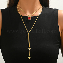 Collier sautoir double rang ajustable en acier inoxydable 304 serti de zirconiums cubiques rouges rectangulaires&nbsp;TF2778
