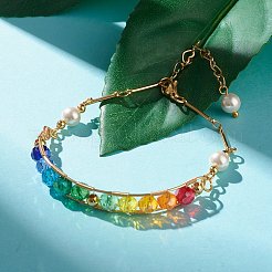 女性のための天然真珠＆ファセットガラスビーズブレスレット  ワイヤーラップ真鍮リンクチェーンブレスレット  ゴールドカラー  カラフル  6-1/4インチ（16cm）&nbsp;X1-BJEW-TA00026