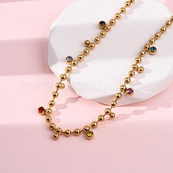 304 нержавеющая сталь шариковая цепочка цветные кубические цирконии плоские круглые кисточки ожерелья для женщин NJEW-L157-10G