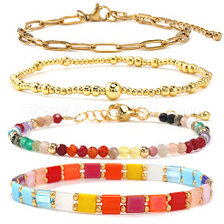 Ensembles de bracelets extensibles en laiton et perles de verre colorées&nbsp;TV5355
