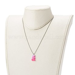 304ステンレススチールボールチェーンネックレス  不透明な樹脂ペンダント付き  クマ  ミックスカラー  46x0.15cm&nbsp;NJEW-JN03563