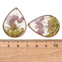 真鍮、透明エポキシ樹脂、ドライフラワーのペンダント  花柄チャーム付きティアドロップ  ABSイミテーションパール＆ガラス付き  フラミンゴ  35x25.5x3.5mm  穴：1.2mm&nbsp;RESI-G133-04G-03