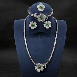 フラワー真鍮マイクロパヴェキュービックジルコニアペンダントネックレス＆スタッドピアス＆リング＆ブレスレットセット  プラチナ  ライムグリーン  400mm&nbsp;WG9A1B1-03