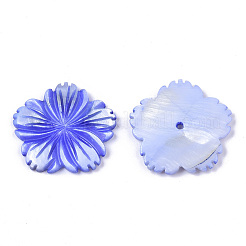 天然淡水シェルビーズ  刻まれた  染め  花  藤紫色  28x28x3mm  穴：1.6mm&nbsp;SHEL-N026-10F