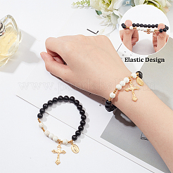 Эластичный браслет из натурального безглазого обсидиана и синтетической бирюзы с круглыми бусинами BJEW-PH01531-03