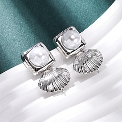 Латунные квадратные серьги-гвоздики в форме ракушки&nbsp;EJEW-H165-01B-P