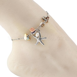 Bracelet de cheville en acier inoxydable 304 avec pendentif étoile de mer et perles de coquillages d'eau douce naturels pour femme&nbsp;AJEW-AN00869-02