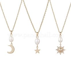 3 шт. 3 стиля натурального культивированного пресноводного жемчуга и нержавеющей стали 304 и латунной подвески в виде луны NJEW-JN05364