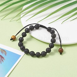 8mmラウンドナチュラルタイガーアイ＆溶岩ロック編組ビーズブレスレットセット  男性女性のためのブレスレット  ブラック  内径：2-1/8~3-1/2インチ（5.3~8.8cm）  2個/セット&nbsp;BJEW-JB07083