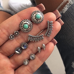 6 ペア 6 スタイル リーフ & フラット ラウンド & フラワー ガラス スタッド ピアス  女性のための合金ジュエリー  アンティークシルバー  6~17mm  1ペア/スタイル&nbsp;AJEW-PW0005-24AS